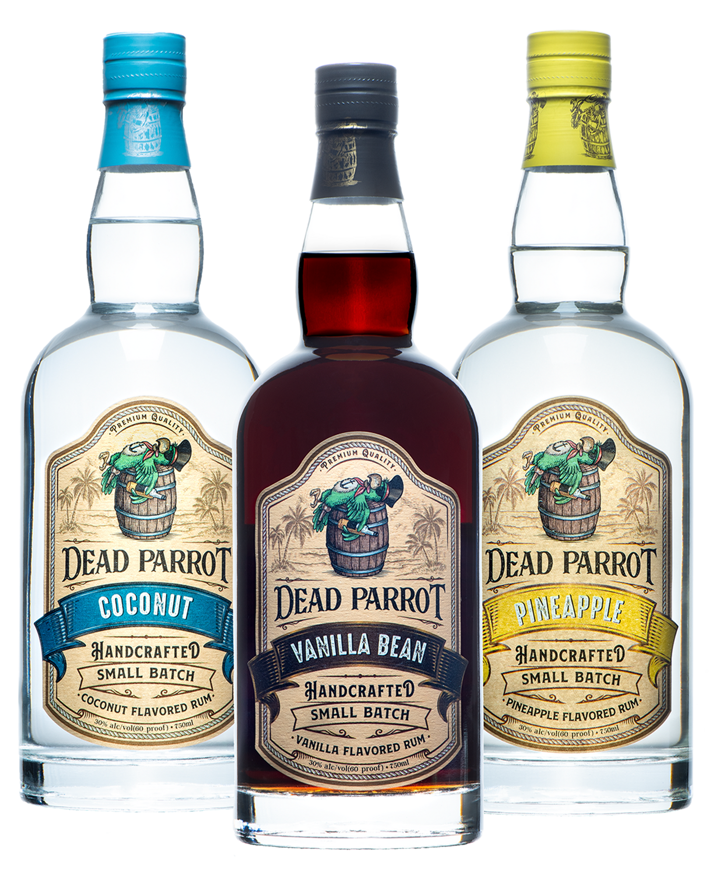Dead Parrot Coconut Rum, Vanilla Bean Rum, and Pineapple Rum bottles