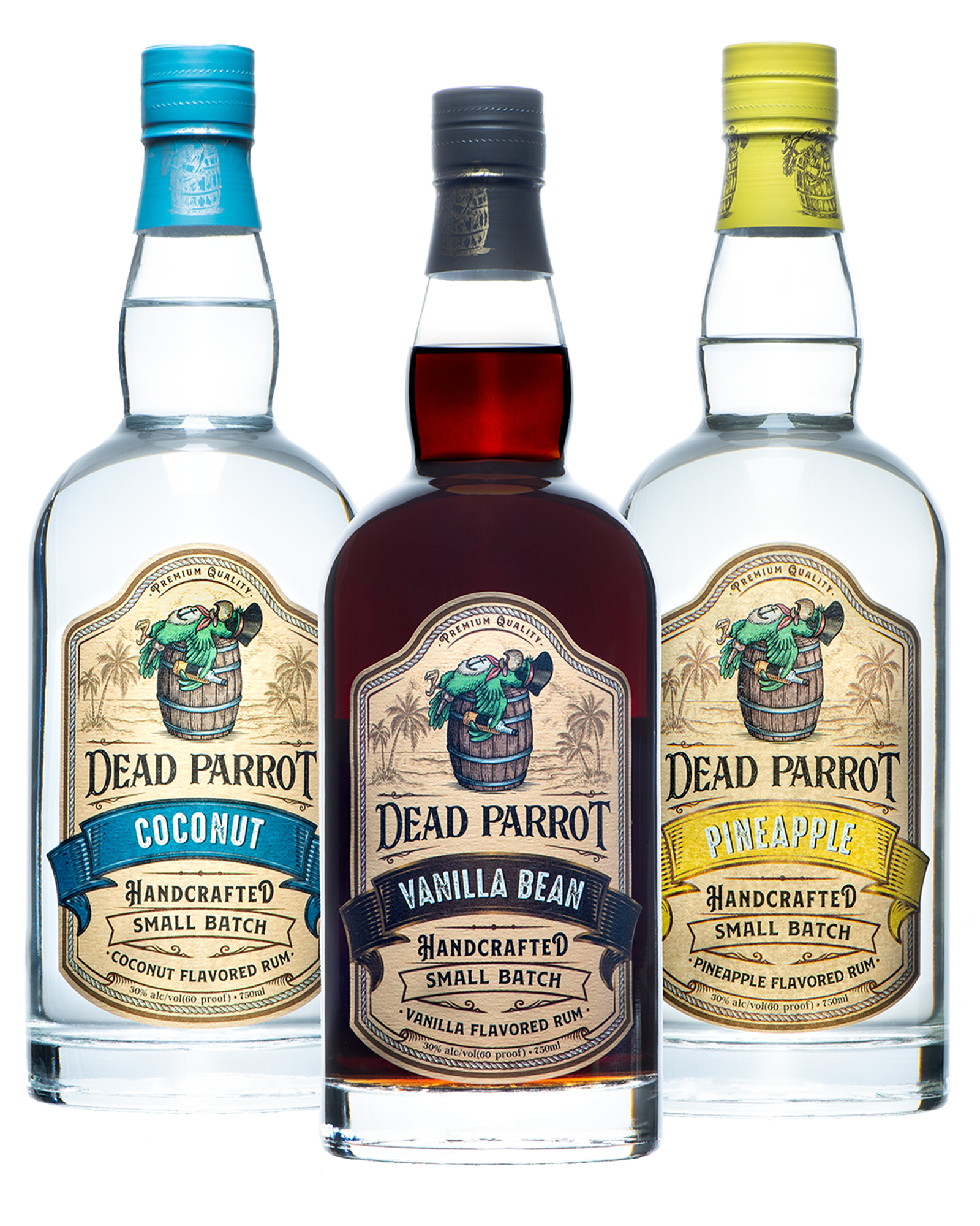 Dead Parrot Coconut Rum, Vanilla Bean Rum, and Pineapple Rum bottles